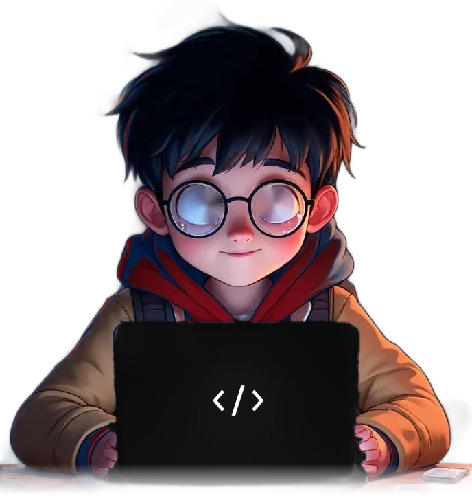 Illustration of a young developer with round glasses working on a laptop